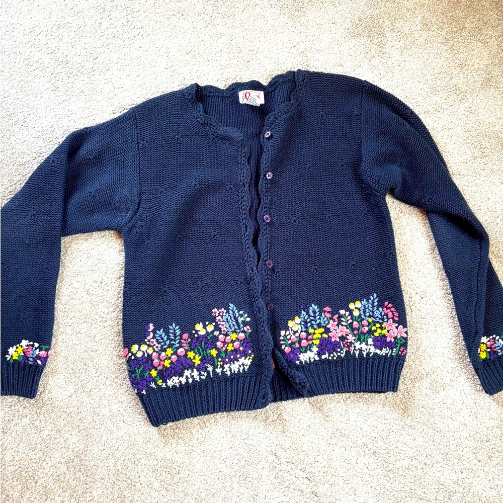 Vtg Orvis 90s/80s Blue Cottagecore Embroidered Button Down Sweater Cardigan S